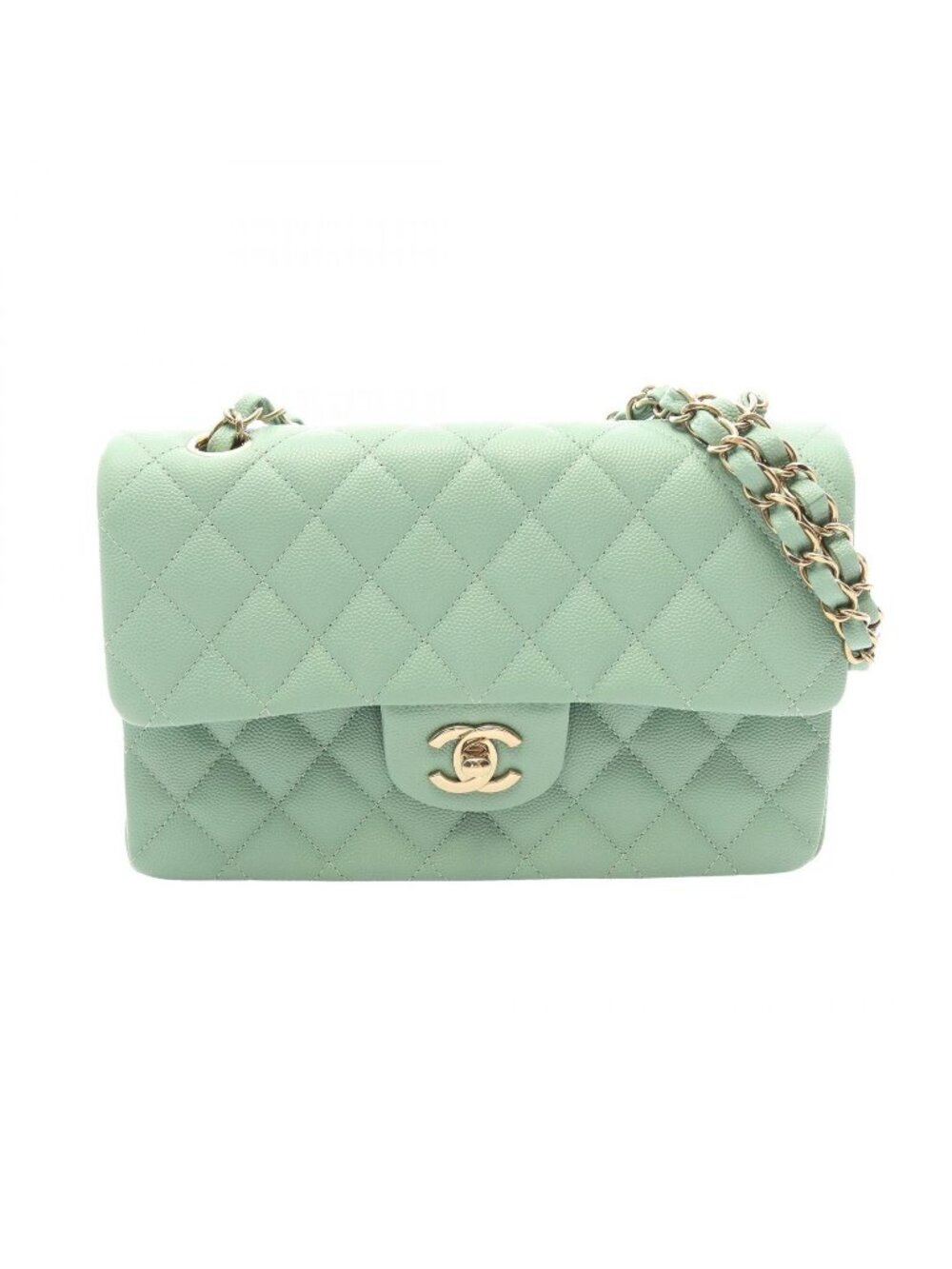 Chanel Shoulder Bag Quilted Double Flap Light Green Caviar Leather Chain